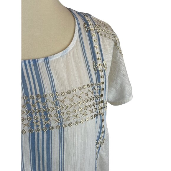 J.Crew  Blue White Striped Linen Cotton Top Womens S Gold Embroidery Boxy - Picture 2 of 12